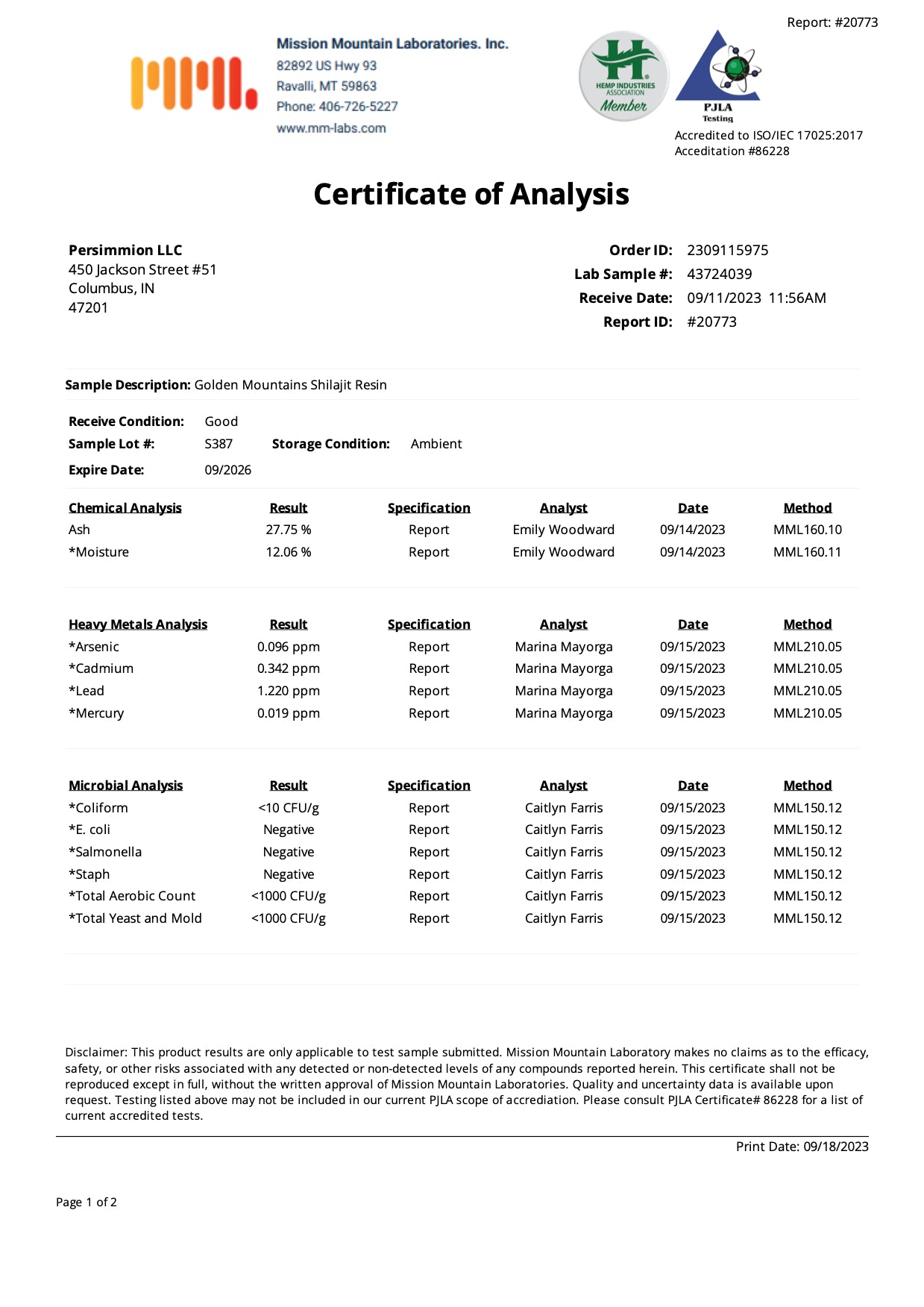 Soma Energetics certificate of analysis