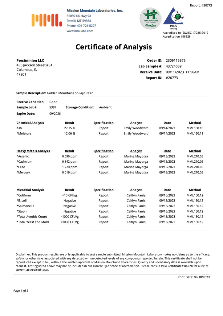 Soma Energetics certificate of analysis